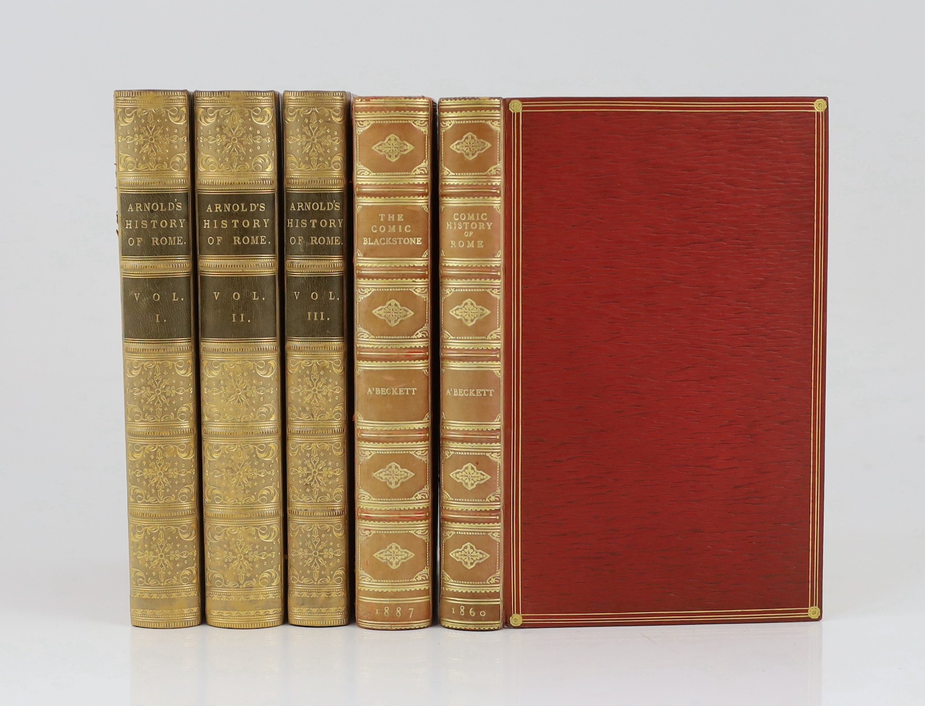 A’ Beckett, Gilbert Abbott - The Comic History of Rome, illustrated by John Leech, 8vo, red straight grained morocco gilt, with 10 hand-coloured plates, Bradbury, Agnew & Co., London, c.1880, uniformly bound with The Com